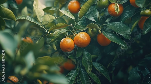 Lush mandarin orchard featuring vibrant citrus fruits amidst green leaves in a natural outdoor setting ideal for food-related themes. photo