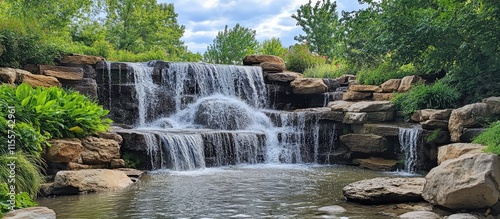 Serene daytime view of a picturesque waterfall surrounded by lush greenery and natural rocks in a tranquil landscape setting.