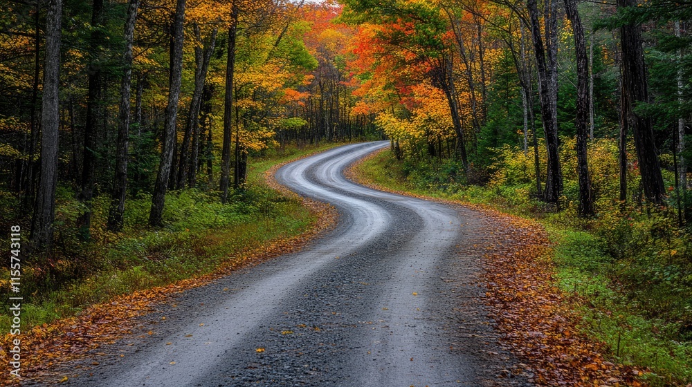 Serene winding road surrounded by vibrant autumn foliage in a lush forest landscape. Serene winding road surrounded by vibrant autumn foliage in a lush forest landscape.
