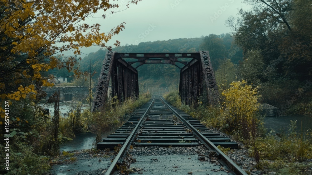 Fototapeta premium Abandoned railway bridge over tranquil watercourse surrounded by autumn foliage and scenic natural landscape