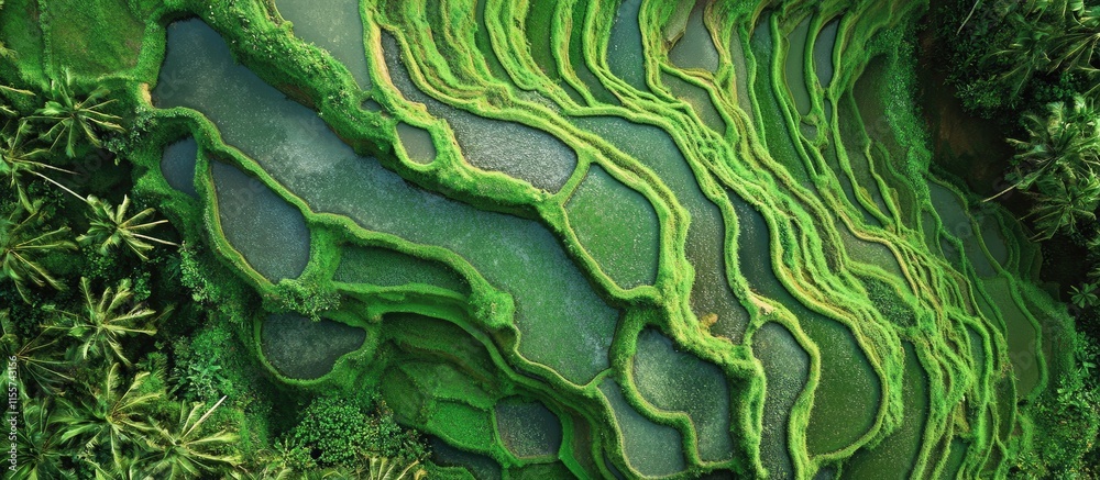 Fototapeta premium Aerial view of lush green rice terraces showcasing intricate patterns and vibrant landscape in a serene agricultural environment.