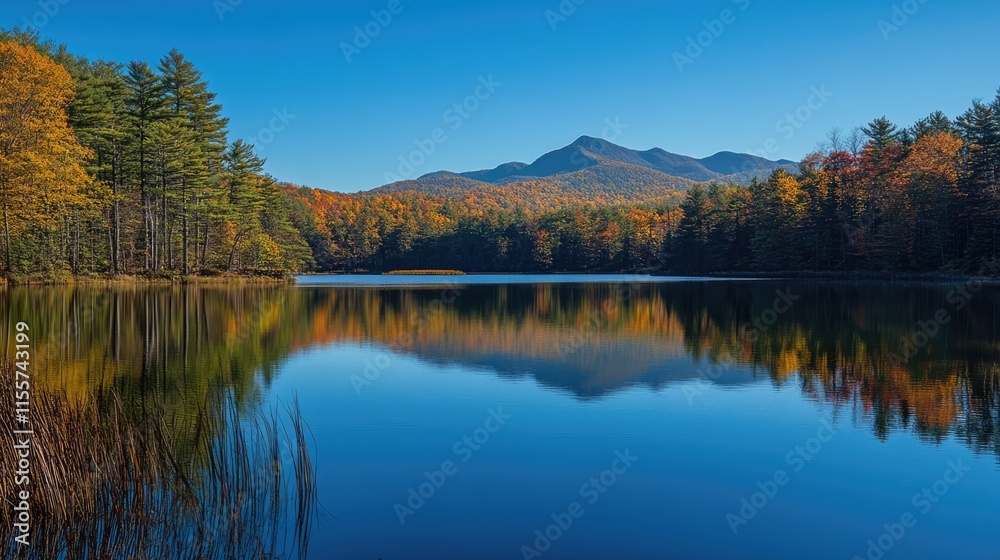 Tranquil lake reflecting majestic mountains and autumn foliage under clear blue sky in a serene natural landscape setting. Tranquil lake reflecting majestic mountains and autumn foliage under clear blue sky in a serene natural landscape setting.