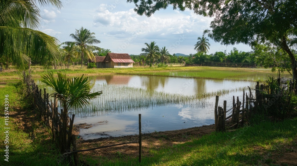 Lush green rice field reflecting a serene landscape with palm trees and a traditional hut under a bright sky in a rural farming area Lush green rice field reflecting a serene landscape with palm trees and a traditional hut under a bright sky in a rural farming area