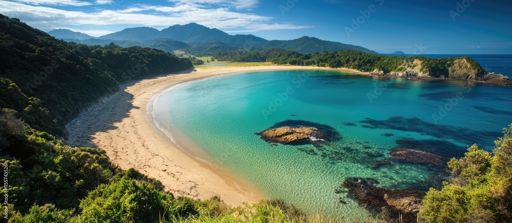 Fototapeta premium Serene coastal landscape showcasing pristine beaches and lush natural surroundings with mountains in the background at sunrise or sunset.