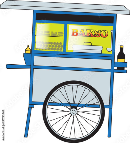 Illustration of a Bakso (Meatball) Cart, Street Food Vendor Serving Meatballs