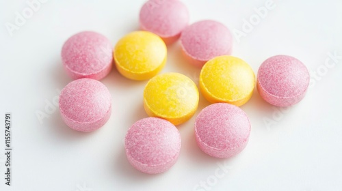 Vibrant yellow and pink round pills scattered on a clean white background representing pharmaceuticals and health supplements.