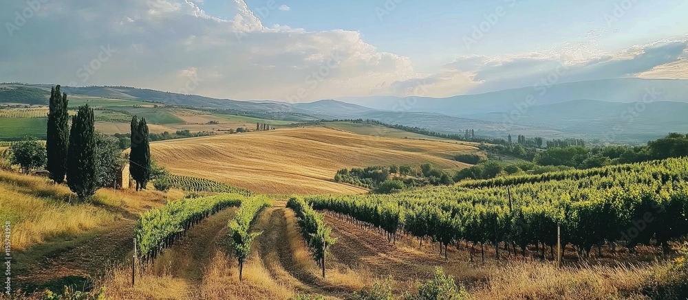 Fototapeta Breathtaking panoramic view of rolling hills and vineyards in serene countryside landscape during golden hour