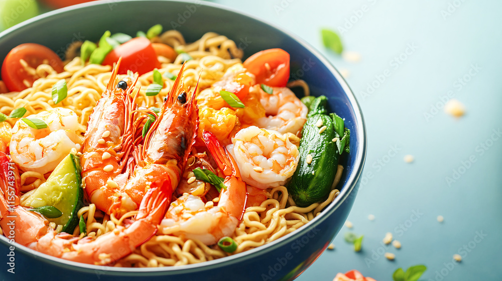 Close-up 3D image of a bowl of seafood-flavored instant noodles. Close-up 3D image of a bowl of seafood-flavored instant noodles.