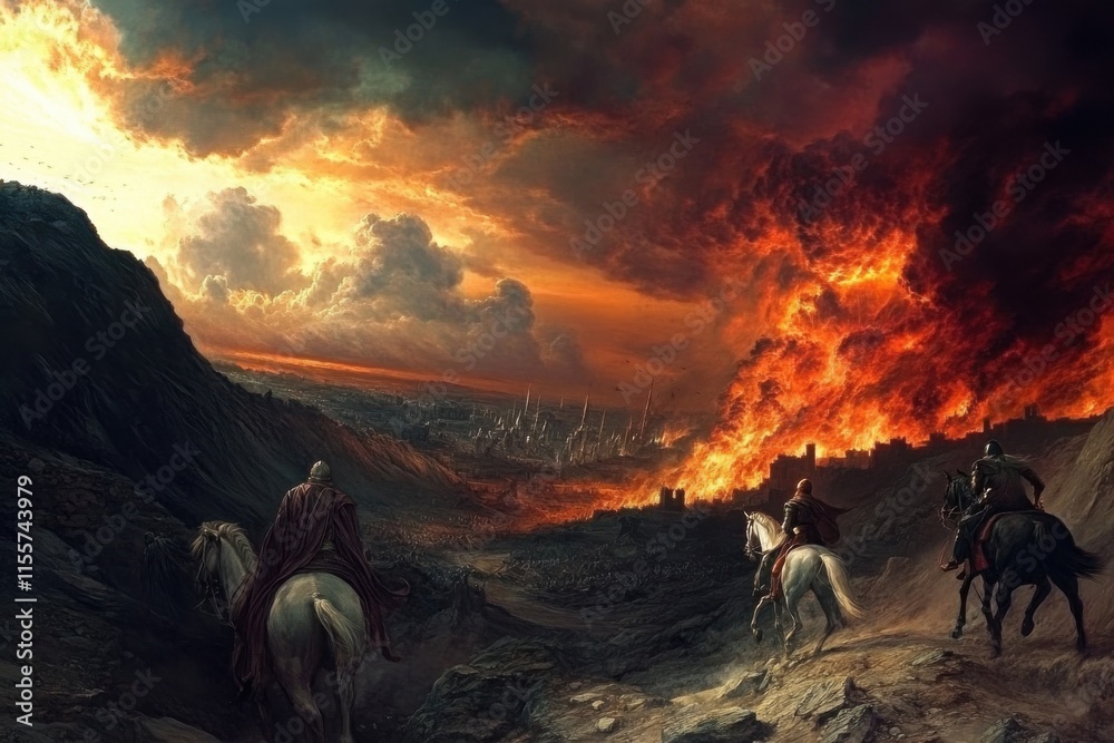 Naklejka premium Cities engulfed in flames as punishment for defiance against divine will. Generative AI