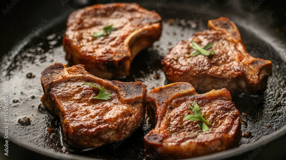 Succulent Mutton Chops Sizzling on Tawa with Aromatic Spices Garnished with Fresh Herbs for Gourmet Dining Experience