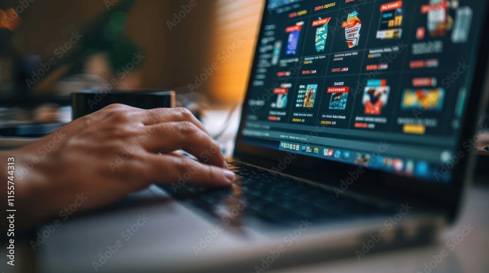 Online Shopping Experience: A Close-Up of Hands Typing on Laptop, Browsing E-commerce Website Online Shopping Experience: A Close-Up of Hands Typing on Laptop, Browsing E-commerce Website