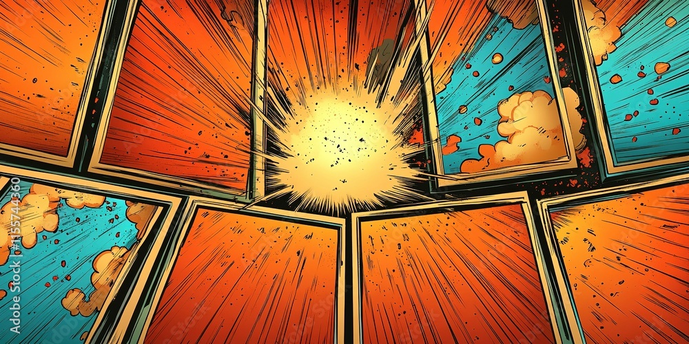 Obraz premium Explosive comic style visual featuring vibrant colors and dynamic graphic design elements