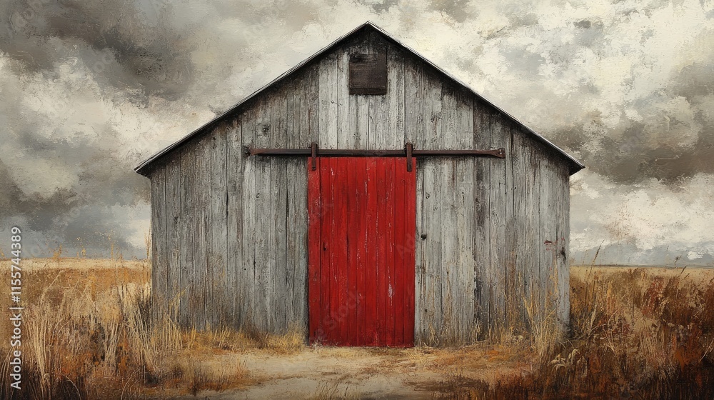 Red Door on Weathered Grey Barn Surrounded by Golden Grass Under Dramatic Cloudy Sky Red Door on Weathered Grey Barn Surrounded by Golden Grass Under Dramatic Cloudy Sky