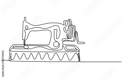 Sewing machine continuous one line drawing, vintage sewing machine continuous line vector illustration, One continuous line drawing of Antiques illustration. Antiques sewing machine design in simple 