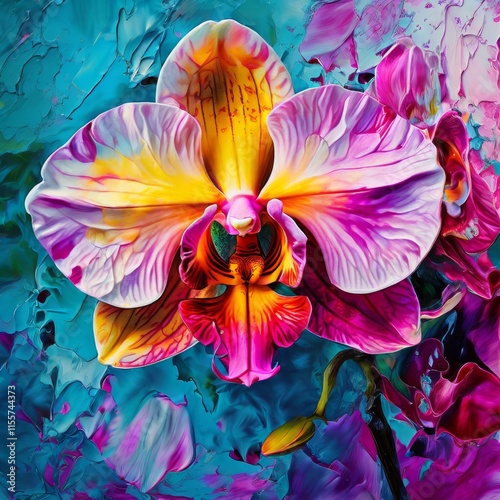 Vibrant orchids in yellow and purple hues with lush green leaves against dark starry background, creating enchanting floral scene perfect for nature-inspired designs and decor projects.