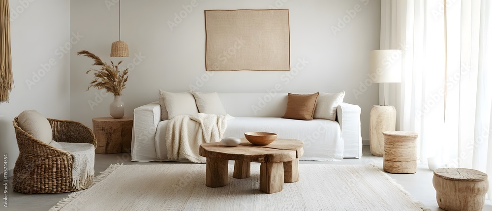 Fototapeta premium Cozy and Minimalist Living Room with Natural Textures, Stylish Furniture, and Warm Tones, Perfect for Modern Interior Design and Home Decor Inspiration