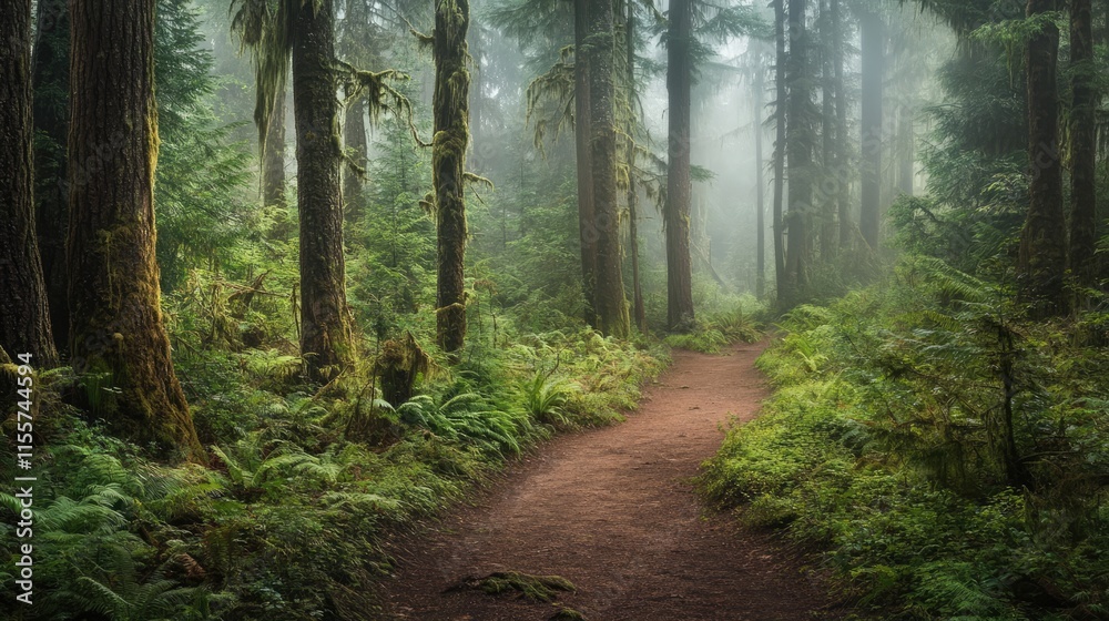 Fototapeta premium Serene woodland path through lush rain forest showcasing tranquil beauty and misty landscapes in fine art photography