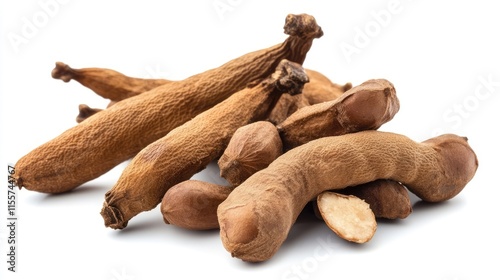 Tamarind pods arranged on a white background showcasing their natural texture and color for culinary or health-related uses photo