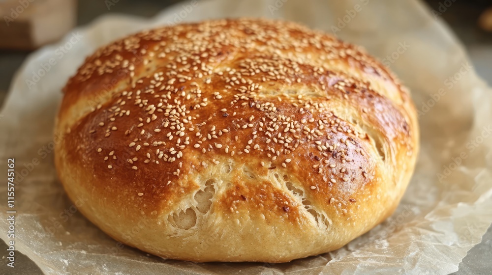 Freshly baked tandoor bread topped with sesame seeds displayed on parchment in a rustic bakery setting Freshly baked tandoor bread topped with sesame seeds displayed on parchment in a rustic bakery setting