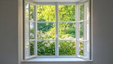 Bright garden visible through open window showcasing lush greenery and blooming flowers in a serene environment. Generative AI