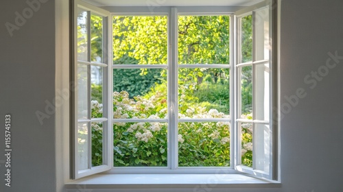 Bright garden visible through open window showcasing lush greenery and blooming flowers in a serene environment. Generative AI