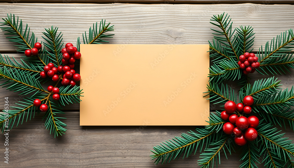 Obraz premium Christmas 7x5 card mockup template on natural fir twigs on wooden background. Design element for Christmas and New Year congratulation, rsvp, thank you, greeting or invitation card, sale. isolated w
