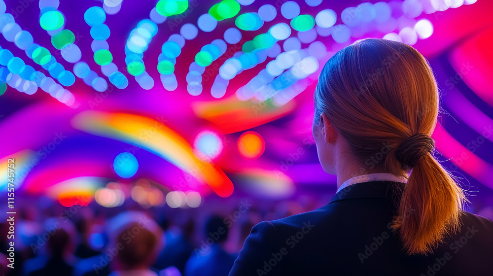 Attendee revels in a vibrant light display at an exciting event Attendee revels in a vibrant light display at an exciting event