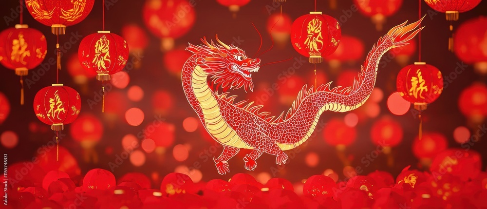 Red dragon dance celebration china digital art vibrant atmosphere aerial view chinese red decorations Red dragon dance celebration china digital art vibrant atmosphere aerial view chinese red decorations