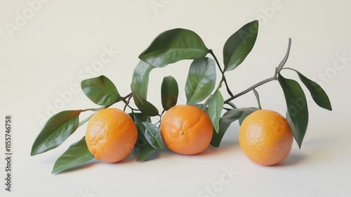 Fresh tangerines with lush green leaves arranged on a clean white background creating a vibrant and natural composition