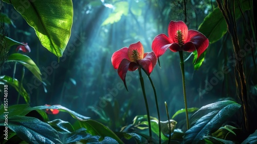 Exotic Tacca chantrieri flowers blooming in a lush tropical forest illuminated by soft rays of light in a serene botanical garden setting photo