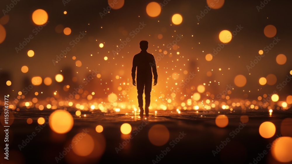 Silhouette of a Person Walking Through a Dreamlike Setting with Magical Lights and Sparkles Creating an Enchanting and Uplifting Atmosphere Silhouette of a Person Walking Through a Dreamlike Setting with Magical Lights and Sparkles Creating an Enchanting and Uplifting Atmosphere
