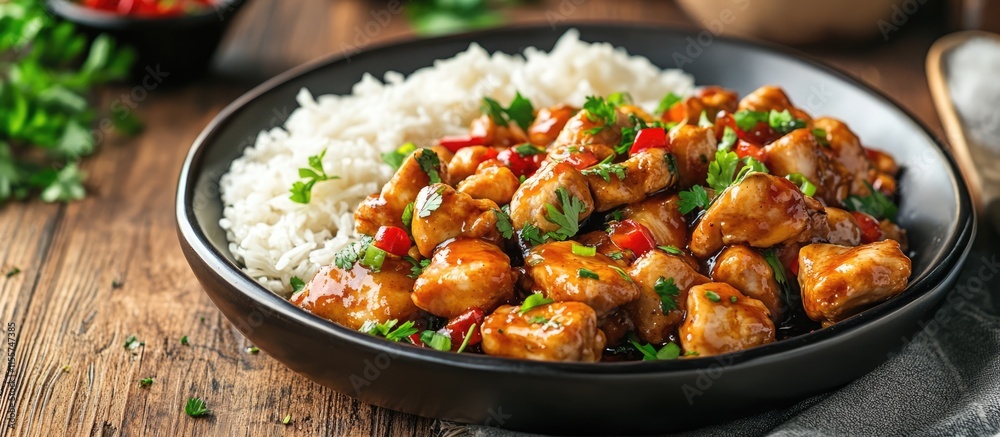 Teriyaki chicken served with rice and fresh herbs in a warm kitchen setting showcasing an inviting dinner for home cooks Teriyaki chicken served with rice and fresh herbs in a warm kitchen setting showcasing an inviting dinner for home cooks