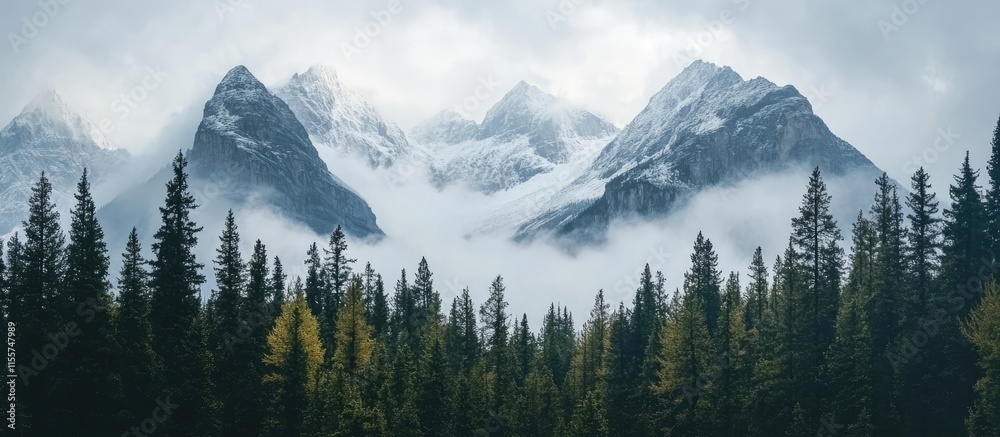 Majestic mountain peaks shrouded in mist with dense evergreen forests in the foreground creating a serene natural landscape. Majestic mountain peaks shrouded in mist with dense evergreen forests in the foreground creating a serene natural landscape.