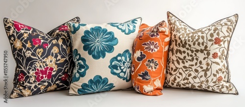 Decorative pillow arrangement showcasing vibrant patterns and colors on a clean white background ideal for home decor inspiration. photo