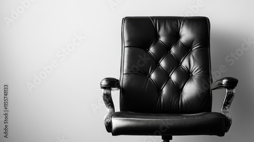 Elegant black office chair with tufted design against a minimalist white wall, perfect for modern workspace decor and professional settings. photo