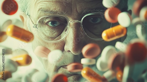 Senior man surrounded by flying pills and capsules emphasizing medication and health management concept. photo