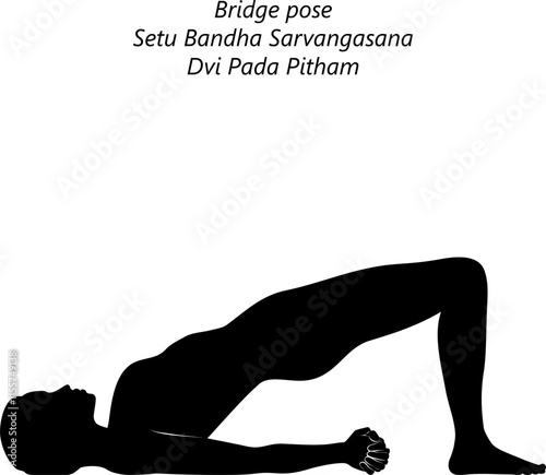 Silhouette of woman practicing Setu Bandha Sarvangasana yoga pose. Dvi Pada Pitham pose. Bridge pose. Isolated vector illustration