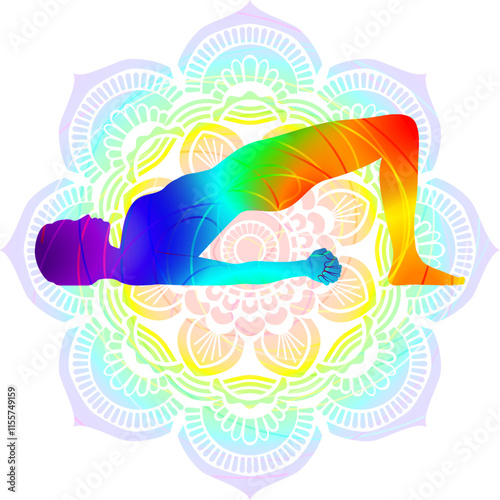 Colorful silhouette of woman practicing Setu Bandha Sarvangasana yoga pose. Dvi Pada Pitham pose. Bridge pose. Isolated vector illustration