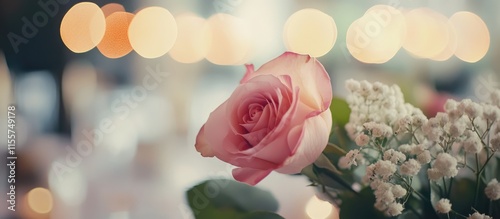 Fototapeta Naklejka Na Ścianę i Meble -  Elegant wedding floral centerpiece featuring pink roses and white blooms with a romantic bokeh background in a restaurant setting