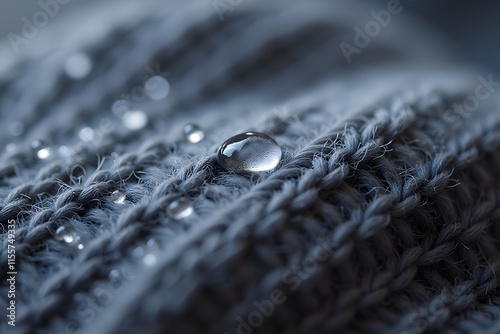 Macro of water droplets on blue knit fabric highlighting texture and detail