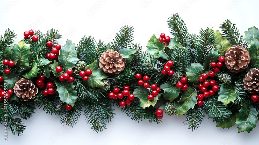 Pine cones and ornaments highlight a garland with vibrant holiday berries wallpaper image Pine cones and ornaments highlight a garland with vibrant holiday berries wallpaper image