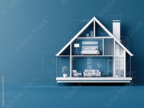 Crosssectional illustration of house with resident inside, visible structural elements, blueprint style
