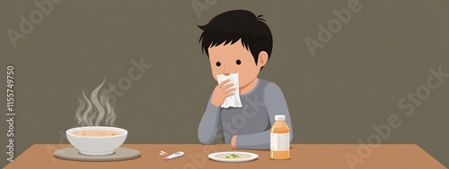 Young asian male eating soup while sick with medicine on table