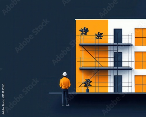 Perspective illustration of resident looking up at scaffolding, house midconstruction, concept of aspirations photo