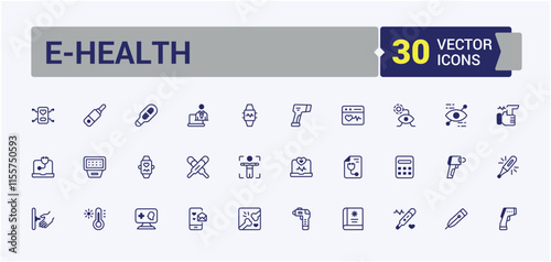 eHealth icons set in linear style. It contains symbols to mobile, computer, web, phone, electronic, wearable, smart, patient. Icons for UI. Outline and solid pictogram.