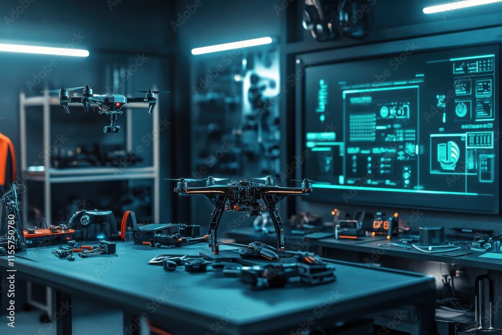 Fototapeta premium Technicians diligently work in a futuristic workshop, surrounded by high-tech tools and drones