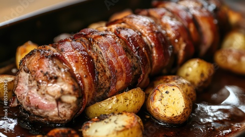 Rustic bacon-wrapped filet mignon served with golden roasted potatoes on a baking tray delicious gourmet meal presentation photo