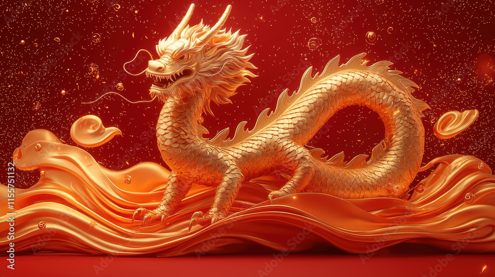 Fototapeta premium Golden Dragon: A majestic golden dragon emerges from the depths, its scales shimmering with life as it ascends through waves of swirling gold.