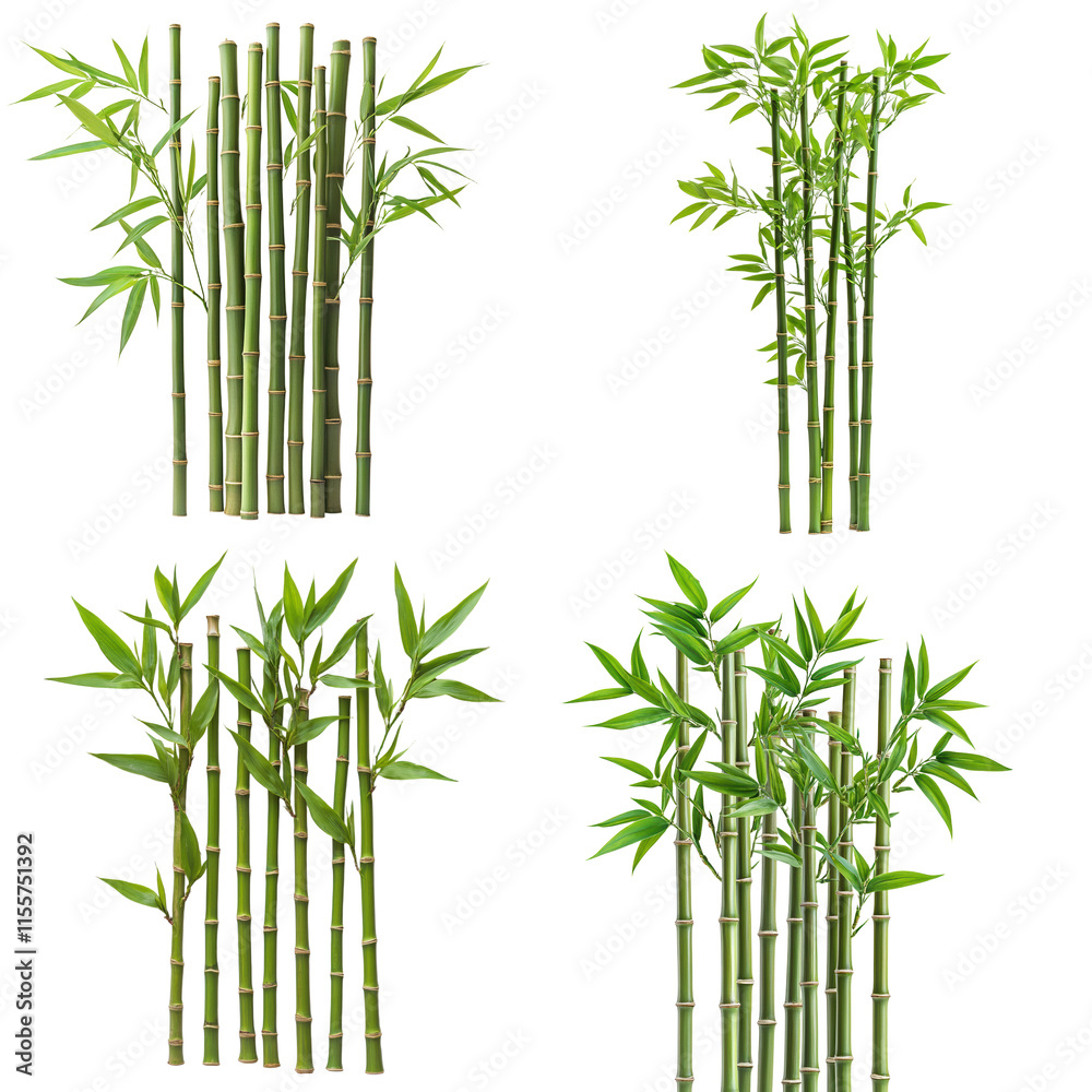 Fototapeta premium Tall Bamboo Stalks with Green Leaves Isolated White Background