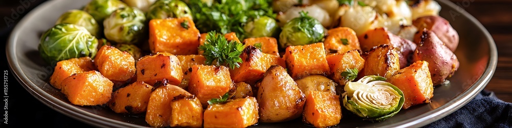 A beautifully arranged plate of roasted vegetables with carrots, sweet potatoes, and brussels sprouts. A beautifully arranged plate of roasted vegetables with carrots, sweet potatoes, and brussels sprouts.